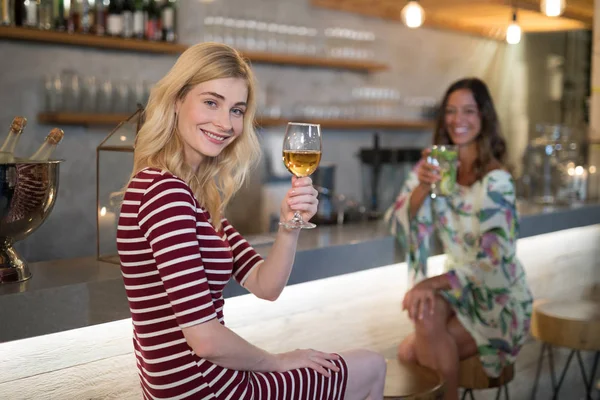 Female friends having drink at counter — Stock Photo, Image
