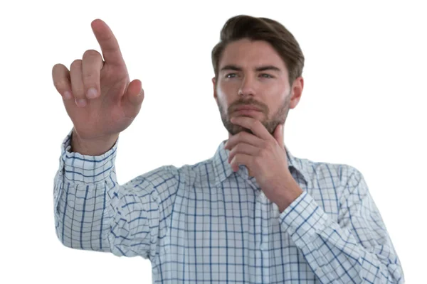 Man pretending to touch an invisible screen — Stock Photo, Image