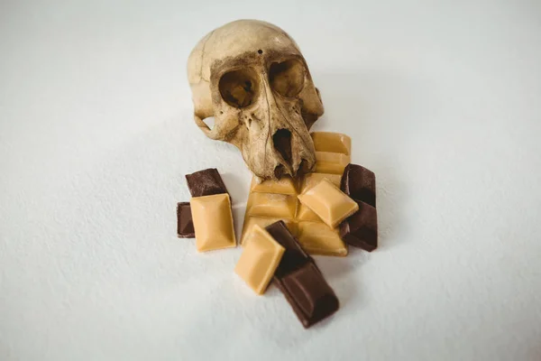 Visão de alto ângulo do crânio humano com barras de chocolate — Fotografia de Stock