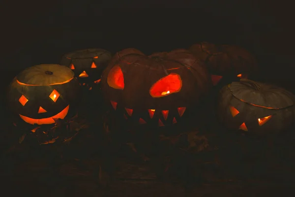 Iluminado jack o lanternas durante o Halloween — Fotografia de Stock