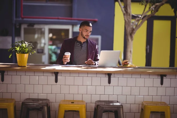 Professionista che utilizza il computer portatile alla caffetteria — Foto Stock