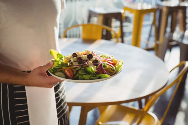 Servitören innehav tallrik med sallad — Stockfoto