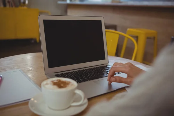 Donna d'affari con caffè utilizzando il computer portatile — Foto Stock