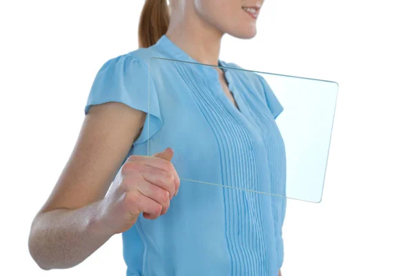 Businesswoman showing transparent glass interface — Stock Photo, Image