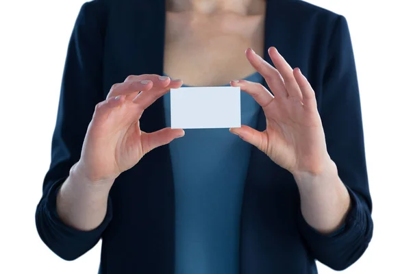 Businesswoman holding white card — Stock Photo, Image