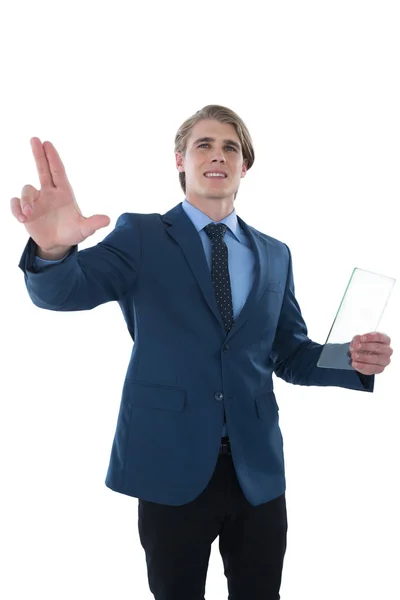 Affärsman som håller glaset gränssnitt — Stockfoto