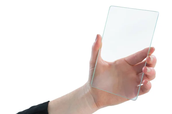 Mão cortada de empresária segurando interface de vidro — Fotografia de Stock