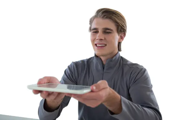 Feliz joven empresario sosteniendo tableta digital —  Fotos de Stock