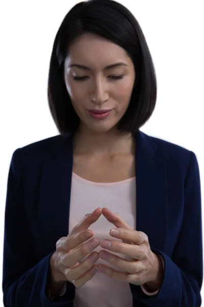 Businesswoman pretending to hold invisible object — Stock Photo, Image