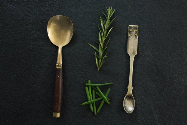 Various serving spoons with herbs — Stock Photo, Image