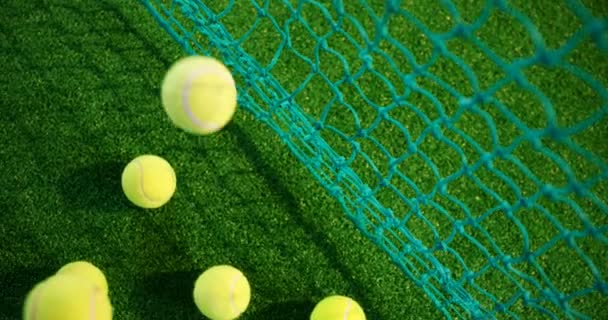 Vista aérea de pelotas de tenis sobre hierba — Vídeos de Stock