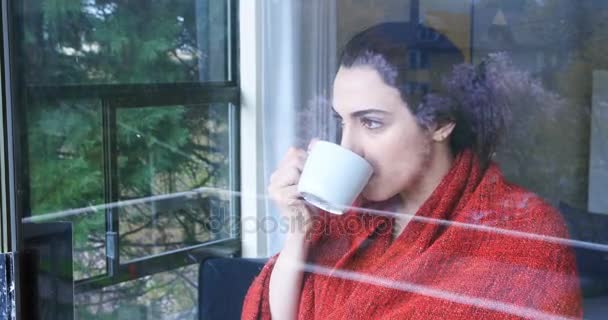 Pencerenin yanında kahve içen düşünceli kadın. — Stok video