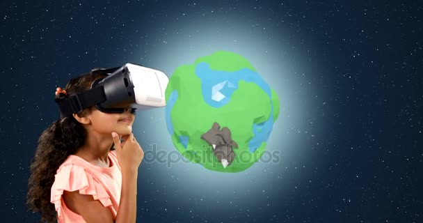 Девушка с помощью гарнитуры виртуальной реальности — стоковое видео