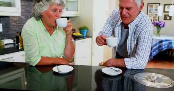 Feliz pareja de ancianos tomando café en la cocina — Vídeos de Stock