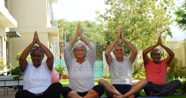 Amigos mayores realizando yoga en el jardín — Vídeo de stock