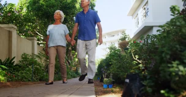 Pareja mayor caminando en el jardín — Vídeos de Stock