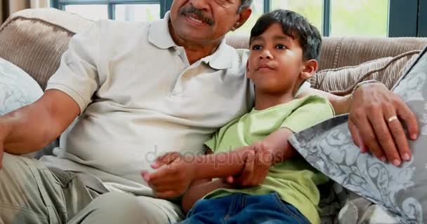 Abuelo y nieto interactuando en el sofá — Vídeos de Stock