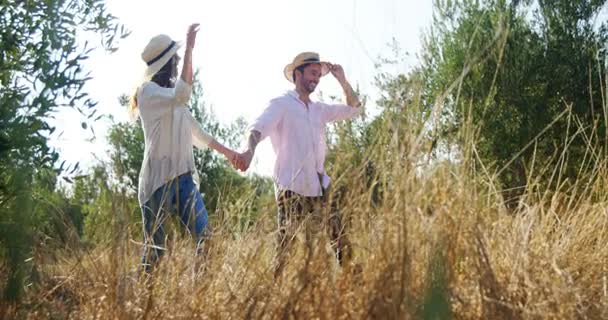 Couple holding hands and walking in olive farm — Stock Video