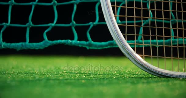 Pelota de tenis y raqueta contra red en pista — Vídeos de Stock