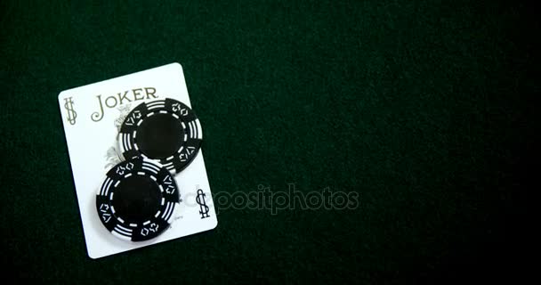 Playing card, dices and casino chips on poker table — Stock Video