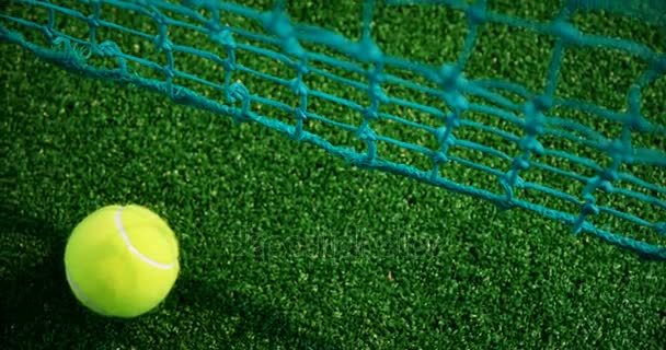 Piłki tenisowe w pobliżu net, ogólny widok — Wideo stockowe