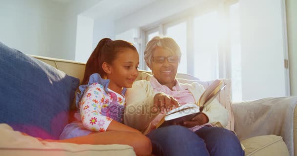 Abuela e hija leyendo libro en la sala de estar — Vídeos de Stock