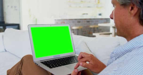 Man using laptop in living room at home — Stock Video