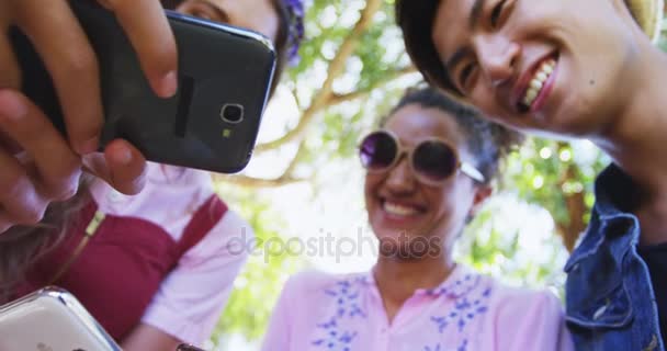 Amigos olhando para o telefone celular no parque — Vídeo de Stock