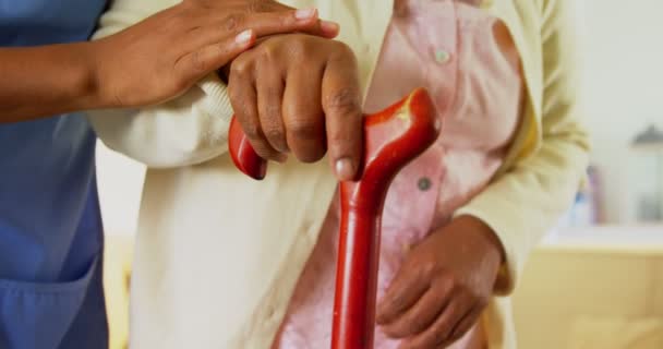 Médecin aidant la femme âgée à marcher avec un bâton de marche — Video