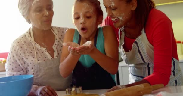 Familia soplando harina en la cocina — Vídeo de stock