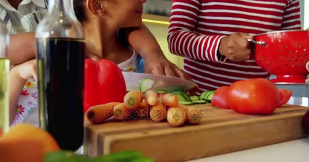 Grandmother assisting granddaughter to chop vegetables in kitchen — Stock Video