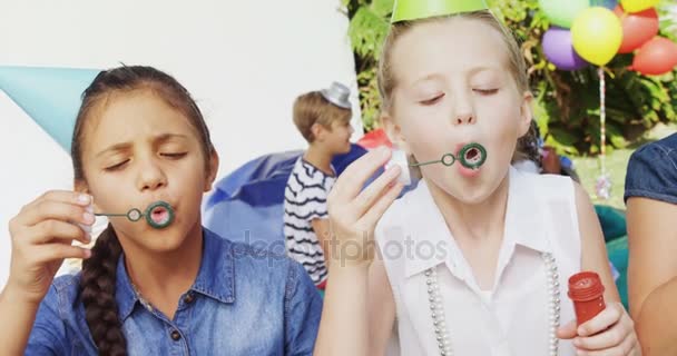 Amis jouer avec la baguette à bulles dans la cour arrière — Video