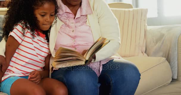 Abuela e hija leyendo libro en la sala de estar — Vídeos de Stock