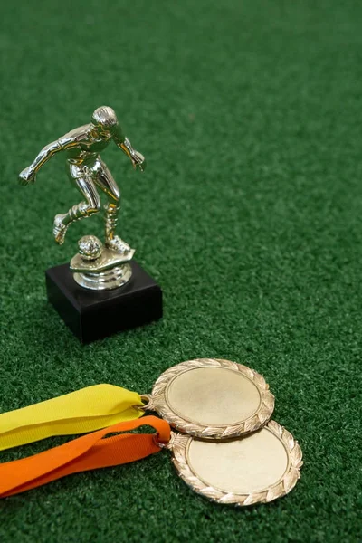 Troféu e medalhas na grama artificial — Fotografia de Stock