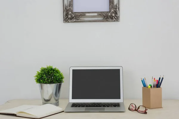 Laptop, pot pant, pencil holder, spectacles — Stock Photo, Image