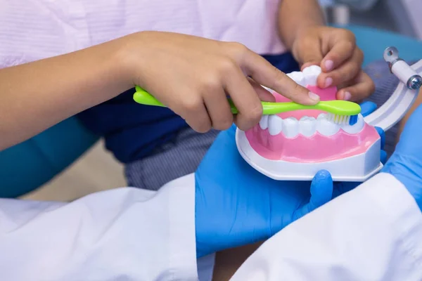 Стоматолог и мальчик чистят зубы — стоковое фото
