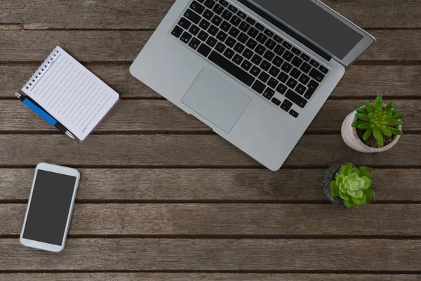 Laptop, pot plant, notepad, caneta e telefone — Fotografia de Stock