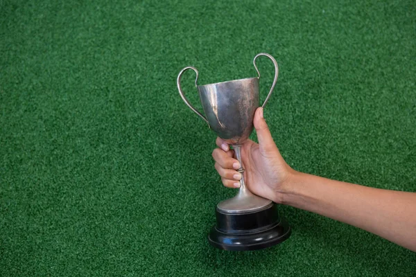 Hand holding a trophy on artificial grass — Stock Photo, Image