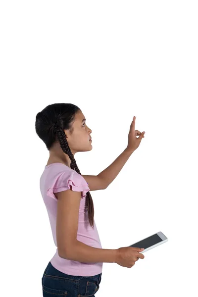 Girl pretending to touch an invisible screen — Stock Photo, Image