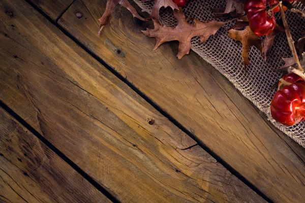 Droge bladeren en Maretak op houten plank — Stockfoto