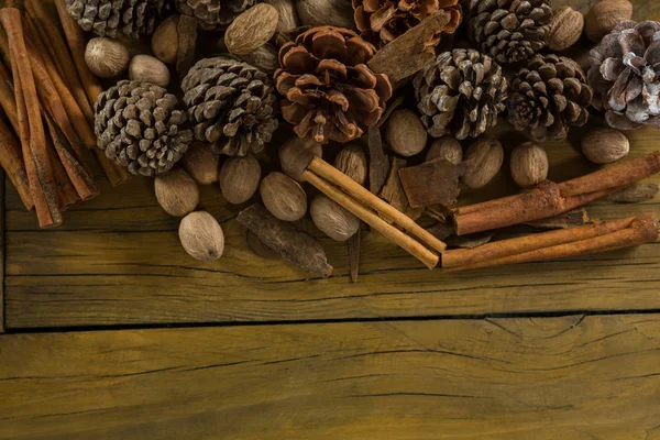 Walnuts with pine cones and cinnamon stick — Stock Photo, Image