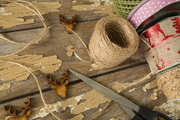 Ribbon roll, scissors and jute rope — Stock Photo, Image