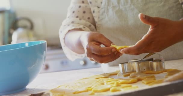 年配の女性が自宅のキッチンでクッキーを準備します。 — ストック動画