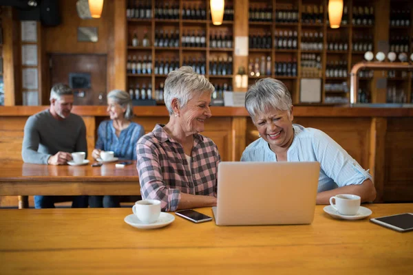 Senior female friends using laptop — Stock Photo, Image