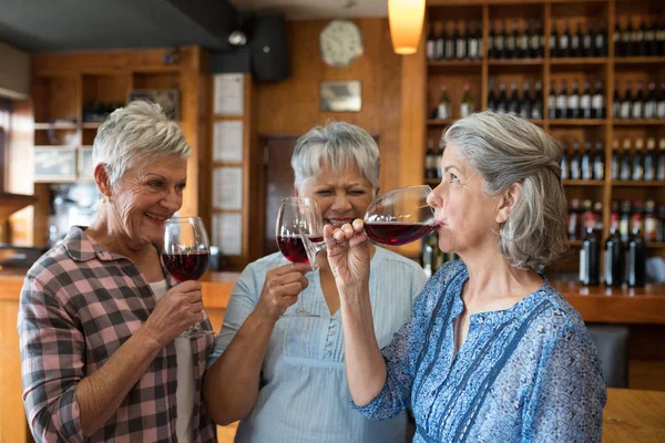 Senior koleżanki posiadające czerwone wino — Zdjęcie stockowe