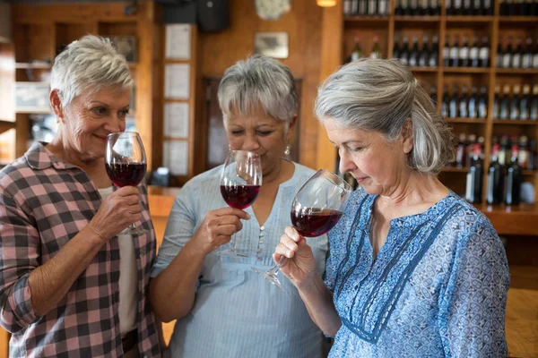 Donne amiche anziane con vino rosso — Foto Stock