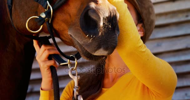 Mujer de pie con el caballo en el rancho — Vídeos de Stock