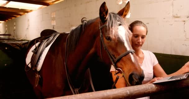 Mulher de pé com cavalo usando laptop — Vídeo de Stock