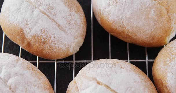 Deeg ballen met poedersuiker op lade bakken — Stockvideo