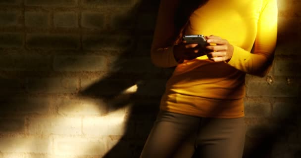 Kobieta przy użyciu telefonu komórkowego w stajni — Wideo stockowe